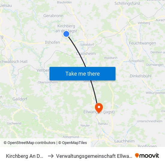 Kirchberg An Der Jagst to Verwaltungsgemeinschaft Ellwangen (Jagst) map