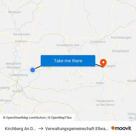 Kirchberg An Der Murr to Verwaltungsgemeinschaft Ellwangen (Jagst) map