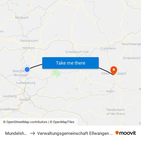 Mundelsheim to Verwaltungsgemeinschaft Ellwangen (Jagst) map