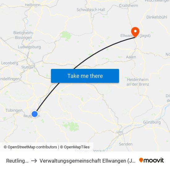 Reutlingen to Verwaltungsgemeinschaft Ellwangen (Jagst) map