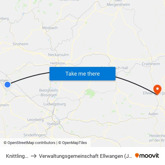 Knittlingen to Verwaltungsgemeinschaft Ellwangen (Jagst) map