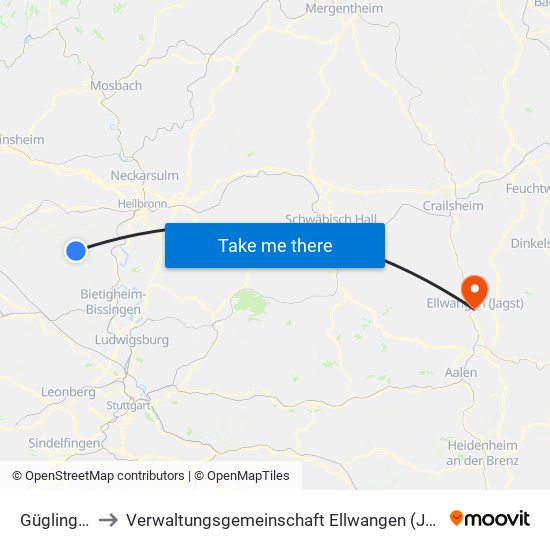 Güglingen to Verwaltungsgemeinschaft Ellwangen (Jagst) map