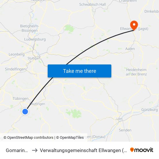 Gomaringen to Verwaltungsgemeinschaft Ellwangen (Jagst) map