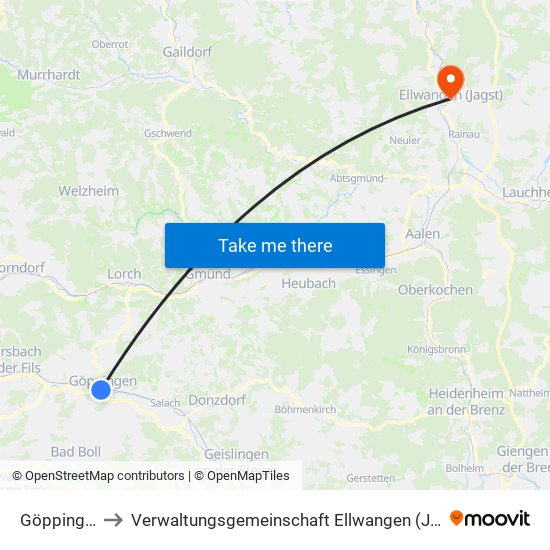 Göppingen to Verwaltungsgemeinschaft Ellwangen (Jagst) map
