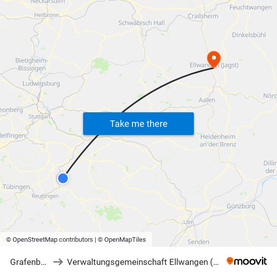 Grafenberg to Verwaltungsgemeinschaft Ellwangen (Jagst) map