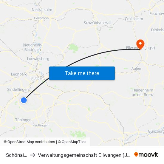 Schönaich to Verwaltungsgemeinschaft Ellwangen (Jagst) map