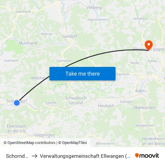 Schorndorf to Verwaltungsgemeinschaft Ellwangen (Jagst) map