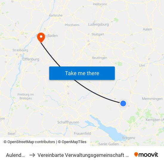 Aulendorf to Vereinbarte Verwaltungsgemeinschaft Bühl map