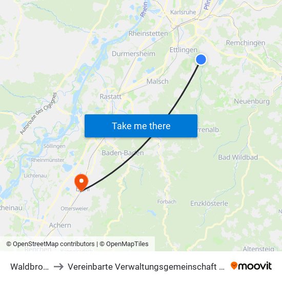 Waldbronn to Vereinbarte Verwaltungsgemeinschaft Bühl map