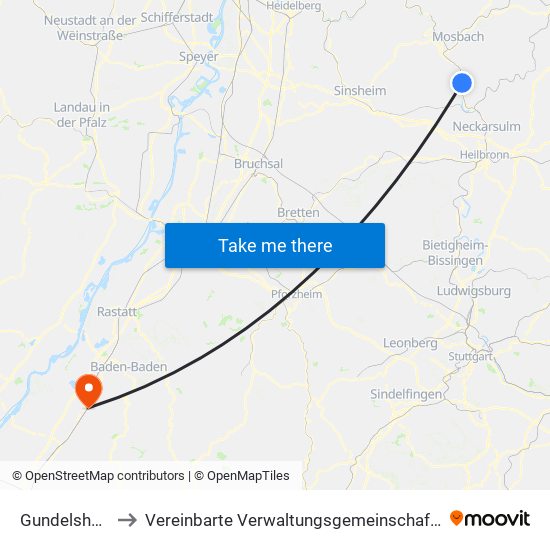 Gundelsheim to Vereinbarte Verwaltungsgemeinschaft Bühl map