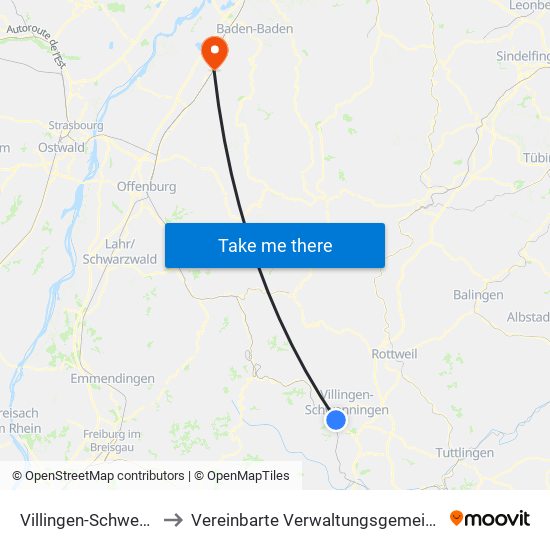 Villingen-Schwenningen to Vereinbarte Verwaltungsgemeinschaft Bühl map