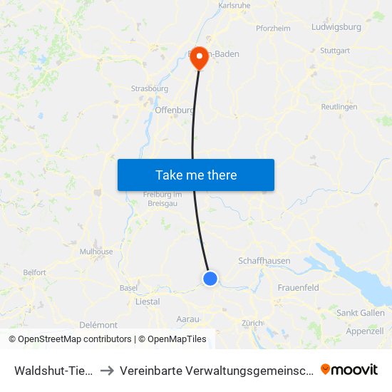 Waldshut-Tiengen to Vereinbarte Verwaltungsgemeinschaft Bühl map