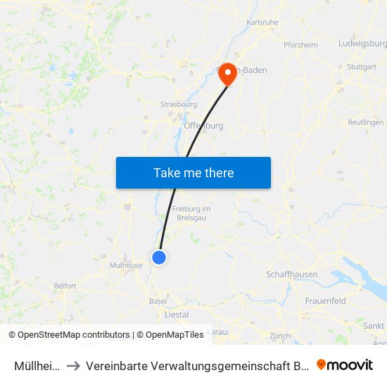 Müllheim to Vereinbarte Verwaltungsgemeinschaft Bühl map