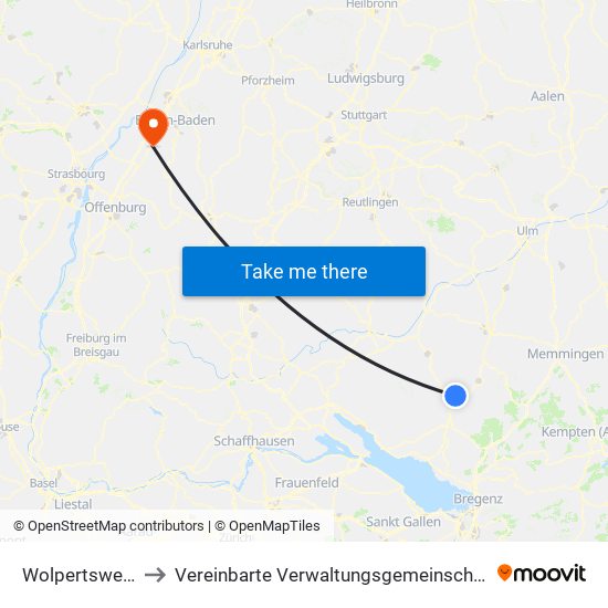 Wolpertswende to Vereinbarte Verwaltungsgemeinschaft Bühl map