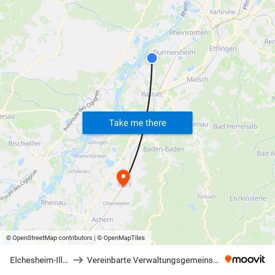 Elchesheim-Illingen to Vereinbarte Verwaltungsgemeinschaft Bühl map