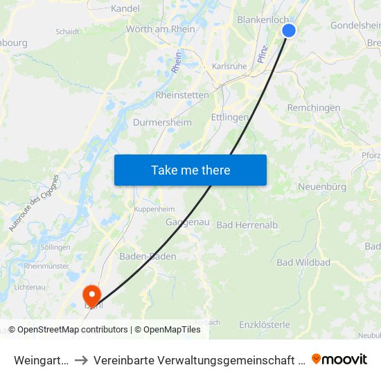 Weingarten to Vereinbarte Verwaltungsgemeinschaft Bühl map