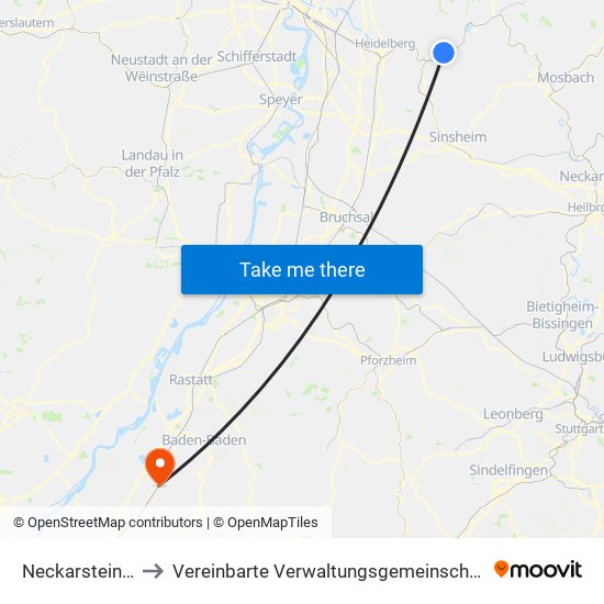 Neckarsteinach to Vereinbarte Verwaltungsgemeinschaft Bühl map