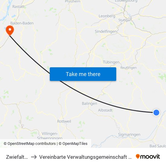 Zwiefalten to Vereinbarte Verwaltungsgemeinschaft Bühl map