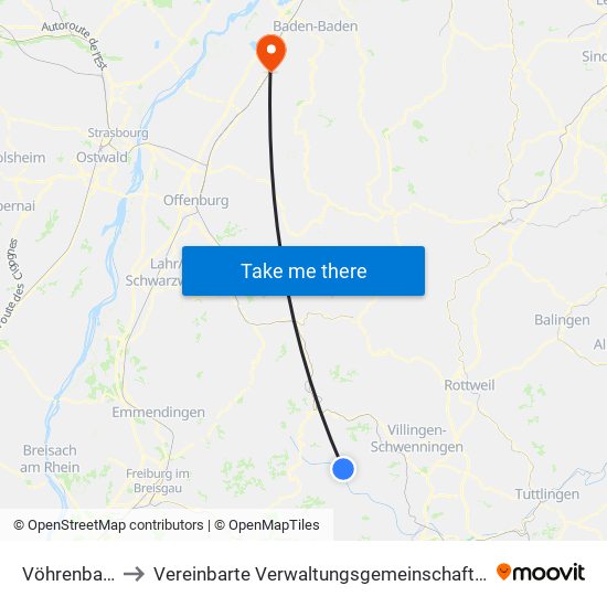 Vöhrenbach to Vereinbarte Verwaltungsgemeinschaft Bühl map