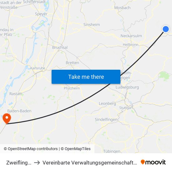 Zweiflingen to Vereinbarte Verwaltungsgemeinschaft Bühl map