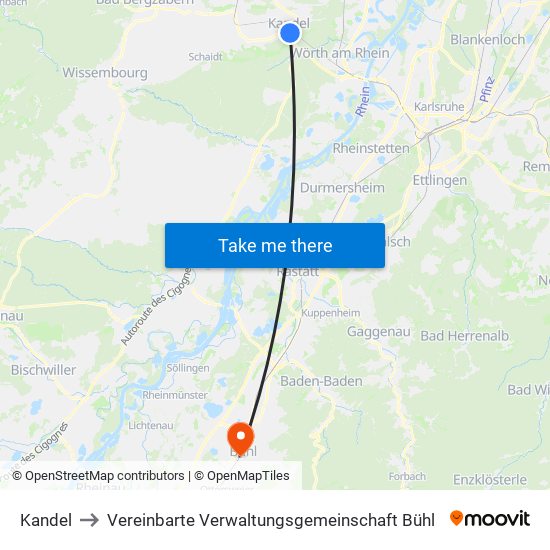 Kandel to Vereinbarte Verwaltungsgemeinschaft Bühl map