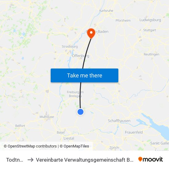 Todtnau to Vereinbarte Verwaltungsgemeinschaft Bühl map