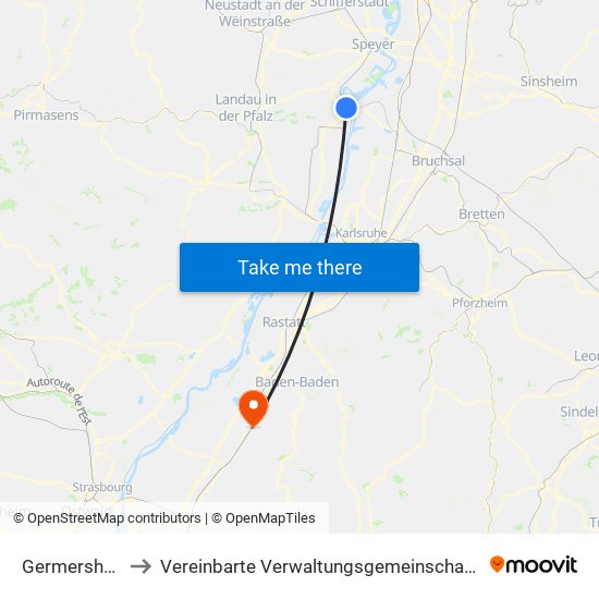 Germersheim to Vereinbarte Verwaltungsgemeinschaft Bühl map