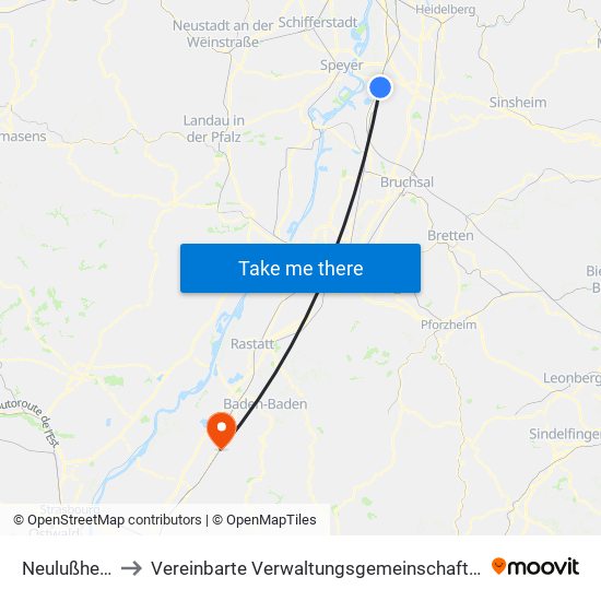 Neulußheim to Vereinbarte Verwaltungsgemeinschaft Bühl map