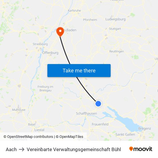 Aach to Vereinbarte Verwaltungsgemeinschaft Bühl map