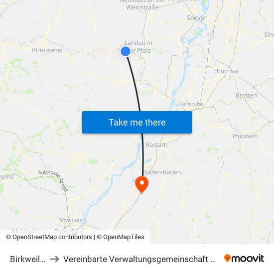 Birkweiler to Vereinbarte Verwaltungsgemeinschaft Bühl map