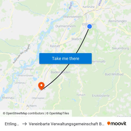 Ettlingen to Vereinbarte Verwaltungsgemeinschaft Bühl map