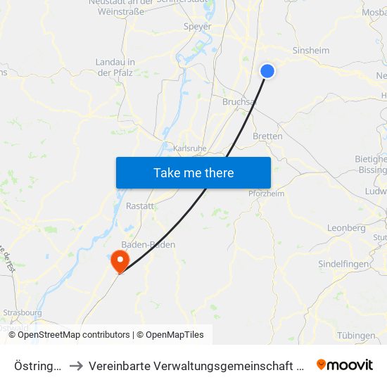 Östringen to Vereinbarte Verwaltungsgemeinschaft Bühl map