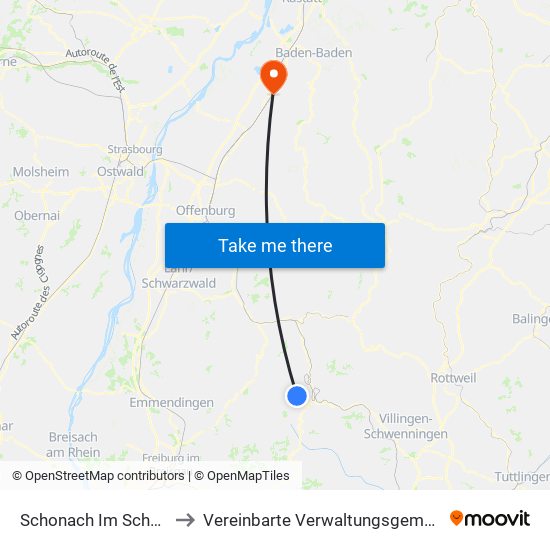 Schonach Im Schwarzwald to Vereinbarte Verwaltungsgemeinschaft Bühl map