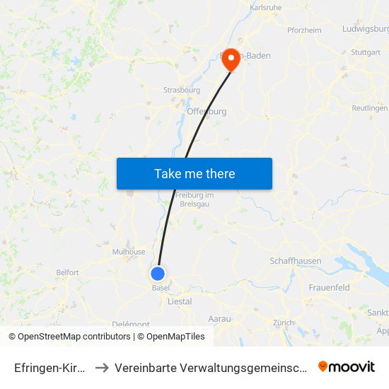 Efringen-Kirchen to Vereinbarte Verwaltungsgemeinschaft Bühl map