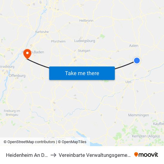 Heidenheim An Der Brenz to Vereinbarte Verwaltungsgemeinschaft Bühl map