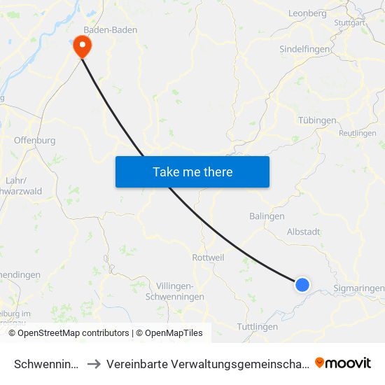 Schwenningen to Vereinbarte Verwaltungsgemeinschaft Bühl map