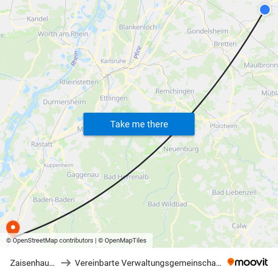 Zaisenhausen to Vereinbarte Verwaltungsgemeinschaft Bühl map