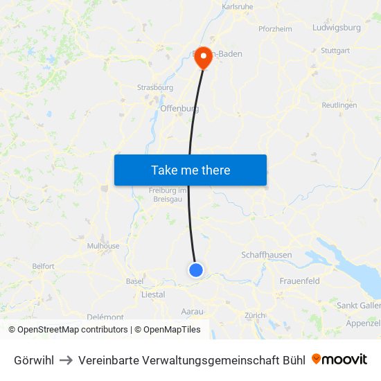 Görwihl to Vereinbarte Verwaltungsgemeinschaft Bühl map