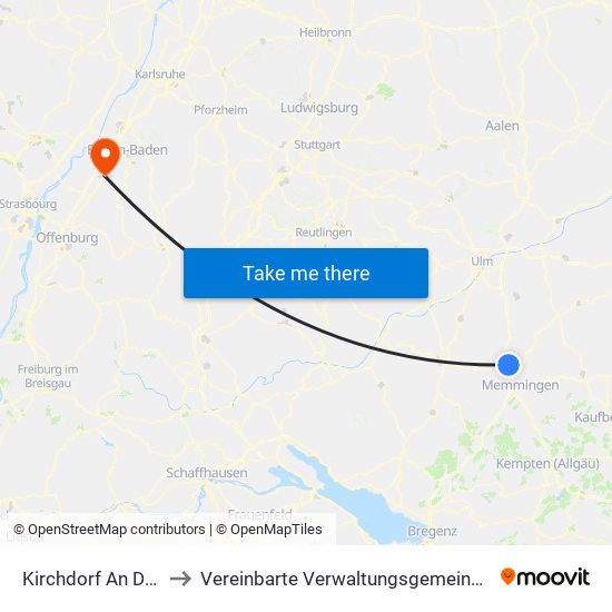 Kirchdorf An Der Iller to Vereinbarte Verwaltungsgemeinschaft Bühl map