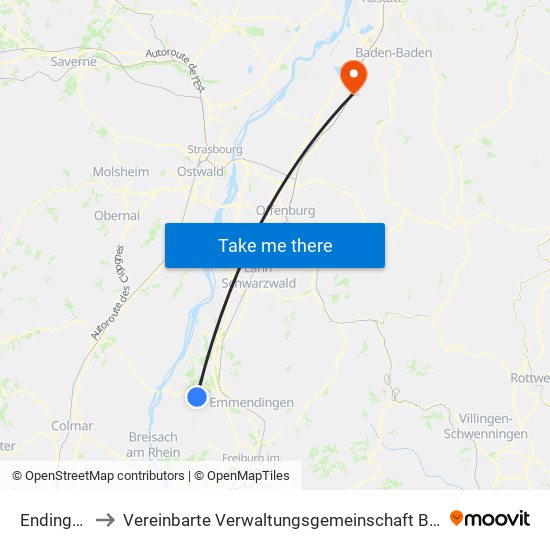 Endingen to Vereinbarte Verwaltungsgemeinschaft Bühl map