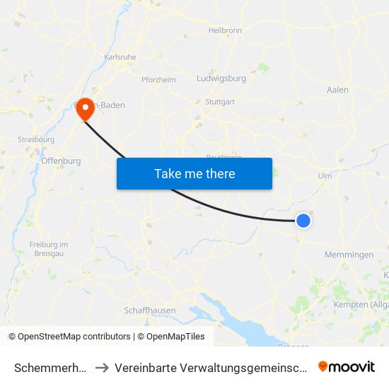 Schemmerhofen to Vereinbarte Verwaltungsgemeinschaft Bühl map