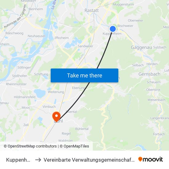 Kuppenheim to Vereinbarte Verwaltungsgemeinschaft Bühl map