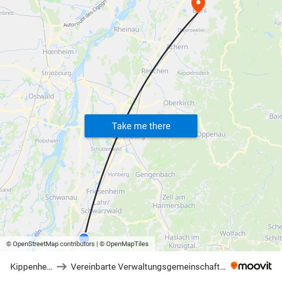 Kippenheim to Vereinbarte Verwaltungsgemeinschaft Bühl map