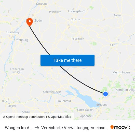 Wangen Im Allgäu to Vereinbarte Verwaltungsgemeinschaft Bühl map