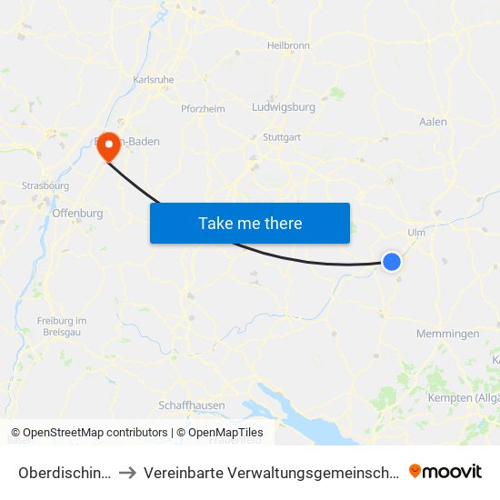 Oberdischingen to Vereinbarte Verwaltungsgemeinschaft Bühl map