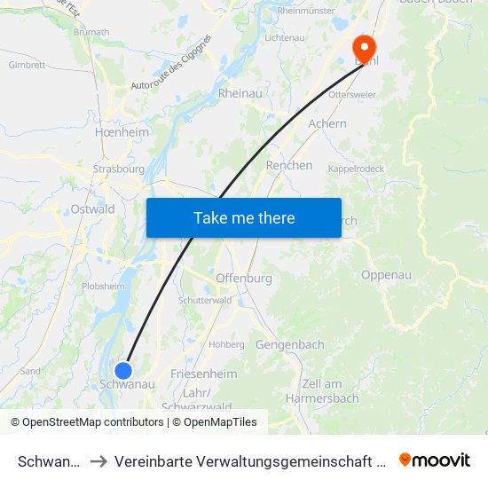 Schwanau to Vereinbarte Verwaltungsgemeinschaft Bühl map