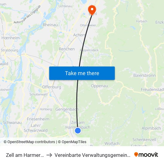 Zell am Harmersbach to Vereinbarte Verwaltungsgemeinschaft Bühl map