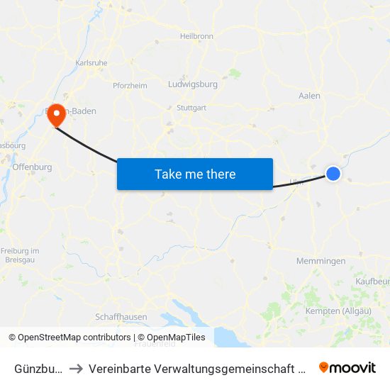 Günzburg to Vereinbarte Verwaltungsgemeinschaft Bühl map