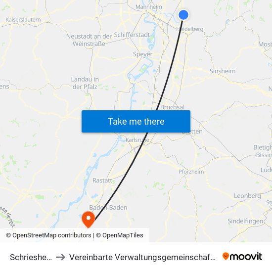 Schriesheim to Vereinbarte Verwaltungsgemeinschaft Bühl map