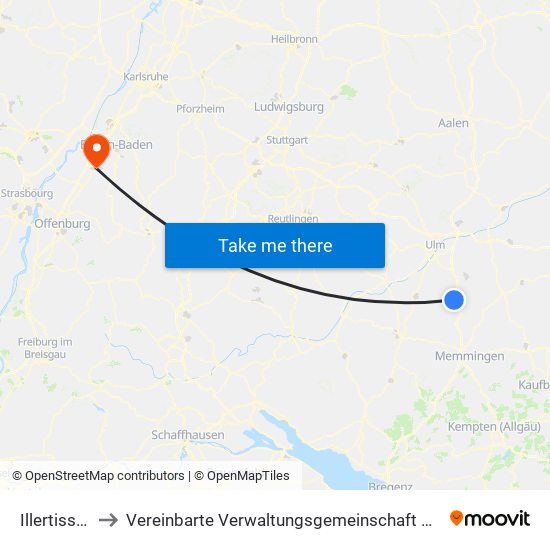 Illertissen to Vereinbarte Verwaltungsgemeinschaft Bühl map